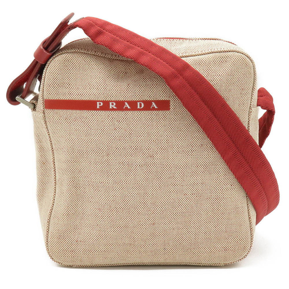 Prada Sport CANAPA Shoulder Bag Canvas Beige Cream Red